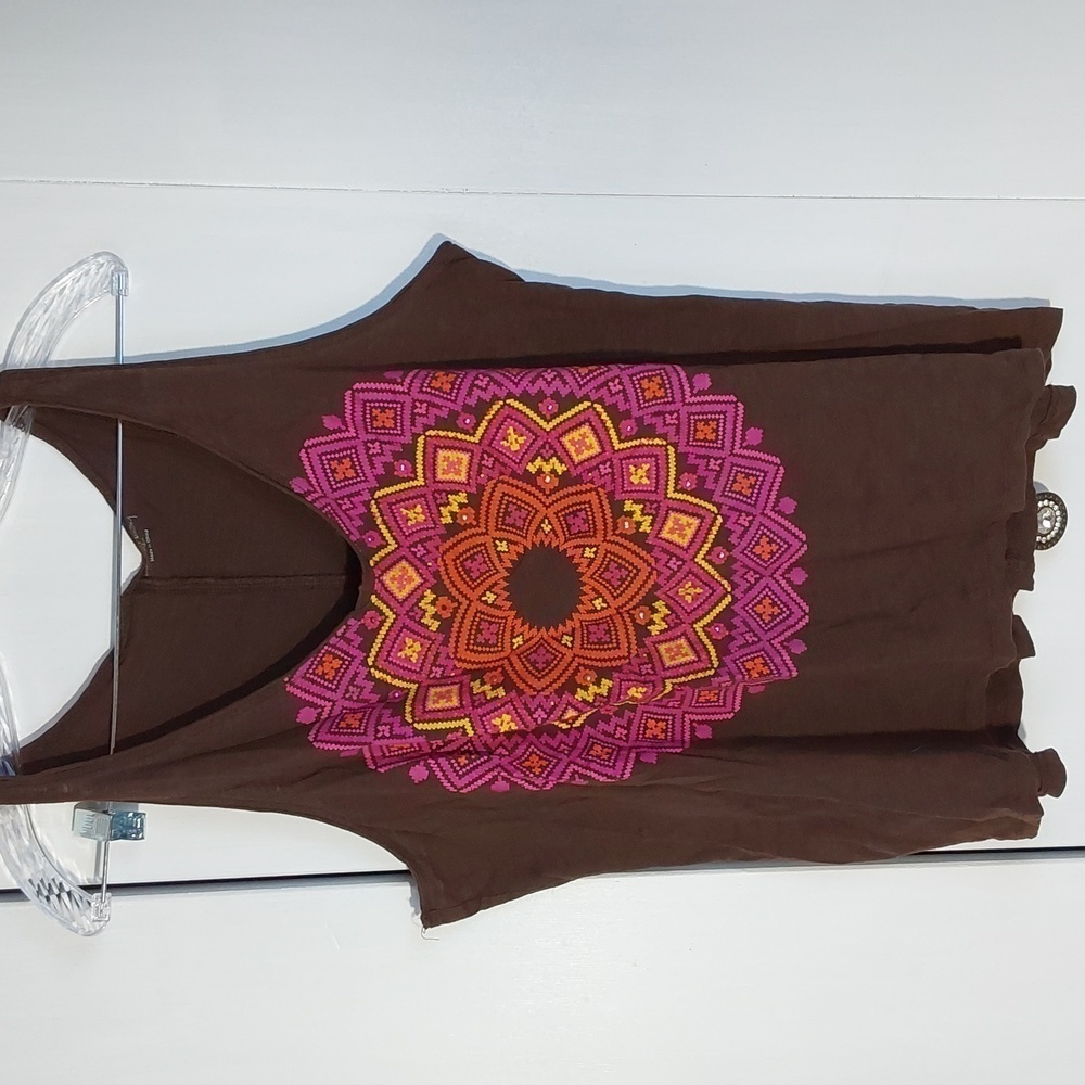 Willow Bay| Womens Brown Pink Boho Novelty Print Artsy Tank Top Sz.XL